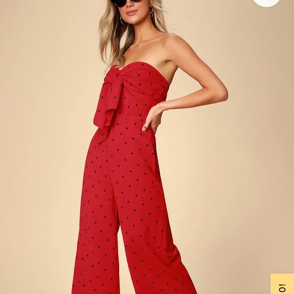 Lulu’s Nectar Red Print Strapless Tie-Front Jumpsuit - Picture 2 of 9